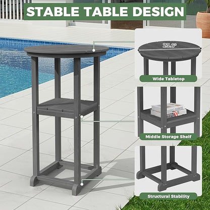 HDPE Outdoor Patio Bar Set with Bar Height Table and 2 Adirondack Chairs, All-Weather High Top Outside Round Pub Furniture for Bistro, Garden, Backyard, Deck | 3-Pieces, Grey