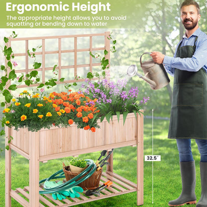S AFSTAR Raised Garden Bed with Trellis, 42x21x58in Elevated Planter Box with Legs, Bottom Storage Shelf, Planter Liner, Wood Standing Planter Stand for Climbing Plants Flowers Vegetables Herbs