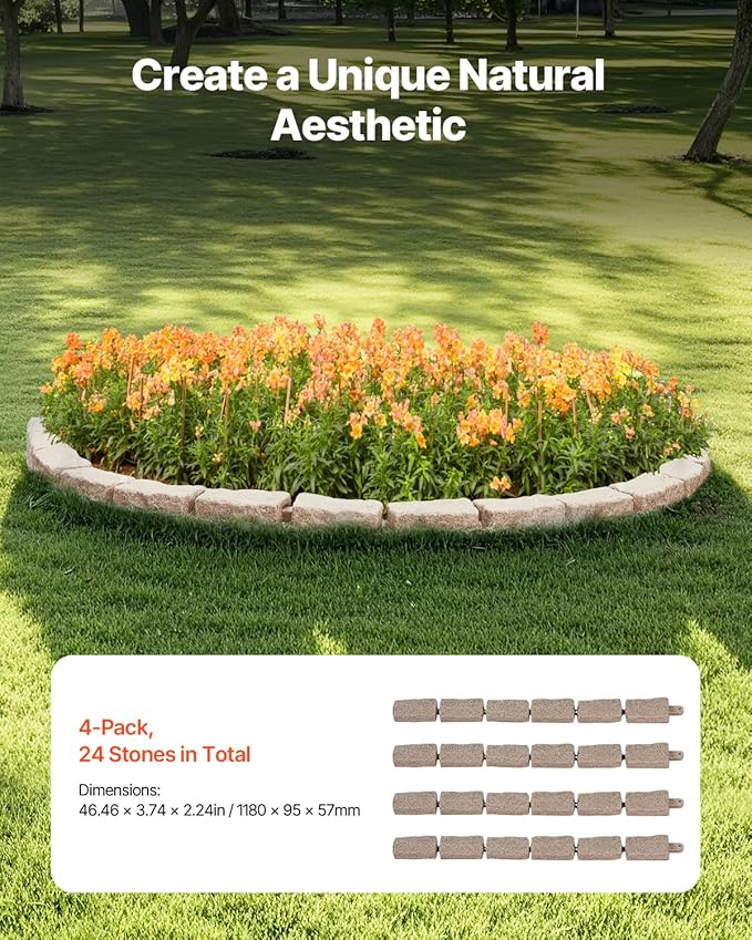 VEVOR Faux Stone Landscape Edging, No Dig Garden Edging Border, Flexible Blocks for Lawn Edging, Flower Beds, Driveway, Yards with 12 Spikes, 4 Pack 24 Bricks 16FT Kit, 46.5" Lx 3.7" W x 2.2" H, Brown