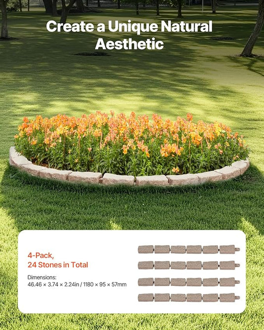 VEVOR Faux Stone Landscape Edging, No Dig Garden Edging Border, Flexible Blocks for Lawn Edging, Flower Beds, Driveway, Yards with 12 Spikes, 4 Pack 24 Bricks 16FT Kit, 46.5" Lx 3.7" W x 2.2" H, Brown