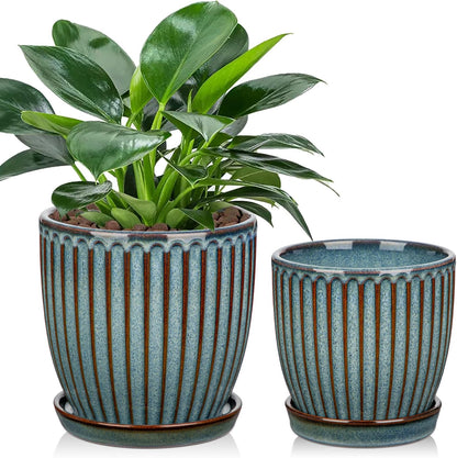 Oairse Ceramic Pots for Indoor Plants, 4.9 +5.7 inch Pots for Plants Set of 2 Marble Blue Plant Pots with Drainage Holes and Saucers Texture Ceramic Planters Indoor Outdoor Flower Pots for Succulent