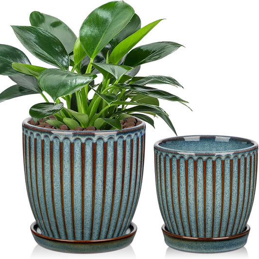 Oairse Ceramic Pots for Indoor Plants, 4.9 +5.7 inch Pots for Plants Set of 2 Marble Blue Plant Pots with Drainage Holes and Saucers Texture Ceramic Planters Indoor Outdoor Flower Pots for Succulent