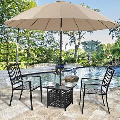 PHI VILLA 3 Piece Outdoor Bistro Set for 2, 22" Metal Square Table with Umbrella Hole & Stacking Wrought Iron Chairs, Small Furniture Conversation Set for Porch, Deck, Balcony, Patio, Yard - Black