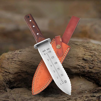 Namibagata Japanese Steel Straight Garden Knife use for Digging, Weeding knife & Planting Knife 12" Stainless Steel with Cutting Edge, Full-Tang walnut Wood Handle with Sheath