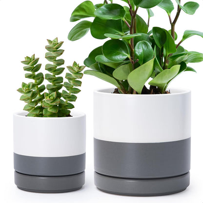 D'vine Dev 4.7 Inch & 6.5 Inch Ceramic Planter Pots for Plants with Drainage Hole and Saucer, Small Plant Pots Set, White/Speckled Grey, 94-G-S-6