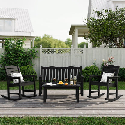 Outdoor Rocking Chairs Set, Weatherproof HIPS Outdoor Furniture, Include 2 Patio Rocking Chairs + Outdoor Bench, Suit for Garden, Porch, Lawn & Backyard(Black)