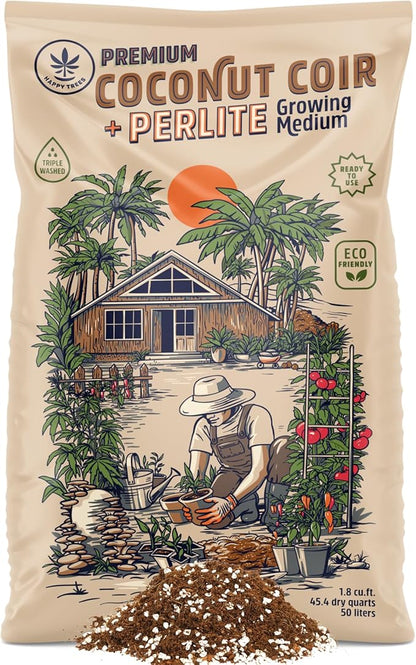 Happy Trees Coco Coir and Perlite 70/30 Growing Medium, Potting Mix, Seed-Starting, Premium Quality Triple-Washed for Low Salt/EC, pH Balanced Loose Coconut Fiber, Peat-Free, 50L (1.8 cu.ft.)