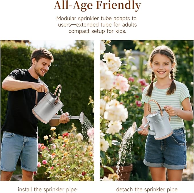 1 Gallon Galvalume Metal Watering Can with Solid Brass Sprout, Handle & Base Trim - Genuine Forged Copper Joints for Indoor/Outdoor Plants, Garden, Balcony for Kids and Adults (Stardust & Vermilion)