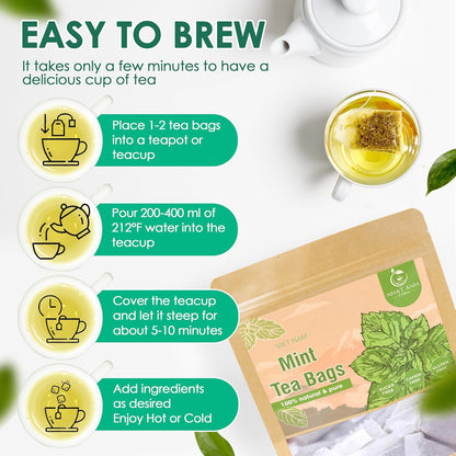 NHAT ANH FARM - Premium Peppermint Tea Bags, 40 Peppermint Tea Bags, 100% Natural Dried Mint Leaves, Naturally Sweet Herbal Tea, Sugar-Free, Caffeine-Free, No Additives.