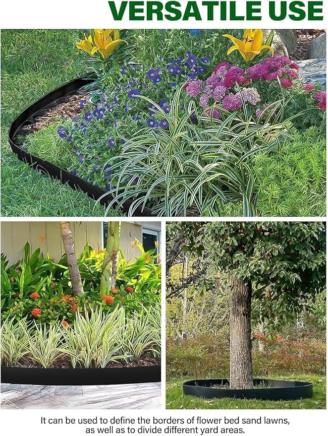 Kalolary Landscape Edging, 40FT x 4 Inch Tall Plastic Garden Lawn Edging Border with 36 U Spikes, 3 Connector for Landscaping Garden, Flower Beds (Black)