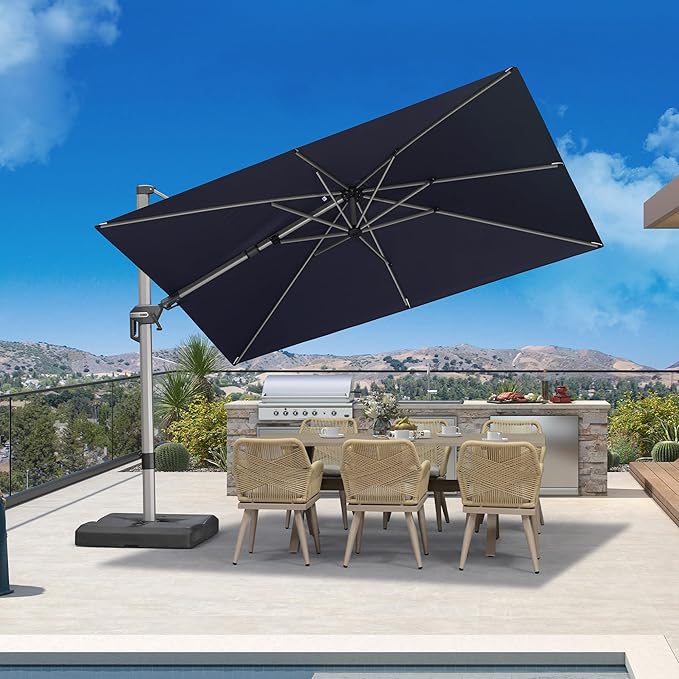 PURPLE LEAF 10' X 6.5' Left-right Tilting Patio Umbrella Outdoor Swivel Cantilever Umbrella Aluminum Offset Umbrella with Champagne Frame and 360-degree Rotation for Garden Deck Pool, Navy Blue