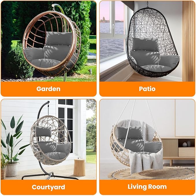 Egg Chair Cushion, Hanging Basket Hammock Seat Cushion, Thick Soft Egg Swing Chair Pad with Headrest for Patio Porch Furniture Outdoor (Grey, 39.37x45.28x4.72in)