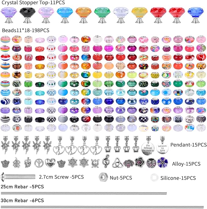 AIPRIDY 275 Pcs DIY Fairy Wand Garden Stakes Kit,Multiple Color Scheme European Beads Crystal Diamond Tops and 12 or 10 Inch Threaded Rods,Stainless Steel Stakes with Diamond Toppe(Rainbow)