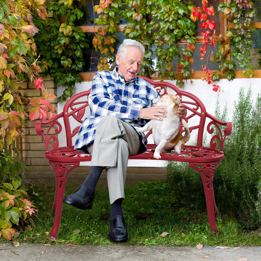 VINGLI 38.5" Patio Park Garden Outdoor Metal Rose Bench,Cast Aluminium Frame Antique Finish Chair,Accented Lawn Front Porch Path Yard Decor Deck Furniture for 2 Person Seat（Red