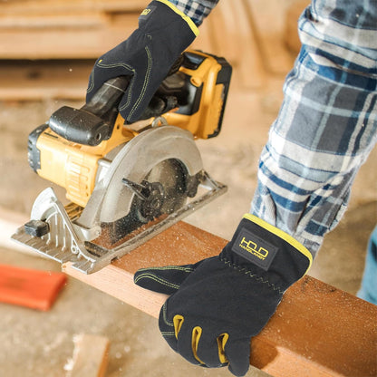 HANDLANDY Leather Work Gloves for Men & Women, Reinforced Durable Garden Gloves, Cowhide Working Glove for Gardening