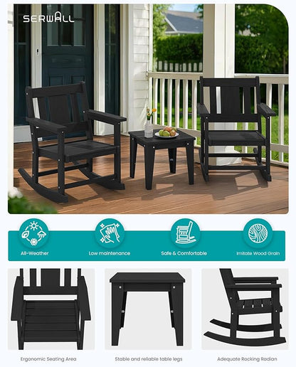 SERWALL Outdoor Rocking Bistro Set, HDPE Patio Furniture Set, Porch Rocking Chair Set with Table for Backyard, Balcony, and Garden- Black