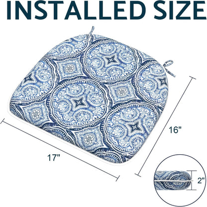Indoor/Outdoor Chair Cushions 16x17 Inch, Patio Chair Cushions with Ties, All Weather Seat Cushions for Patio Furniture Home Garden Chair Use, Set of 4,Medallion Blue