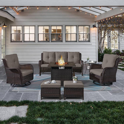 Outdoor Patio Furniture Set with Propane Fire Pit Table, 7 Pieces Wicker Patio Conversation Set with 2 Swivel Glider Rocker Chair Rattan Sofa Grey Cushion Perfect for Casual Gathering