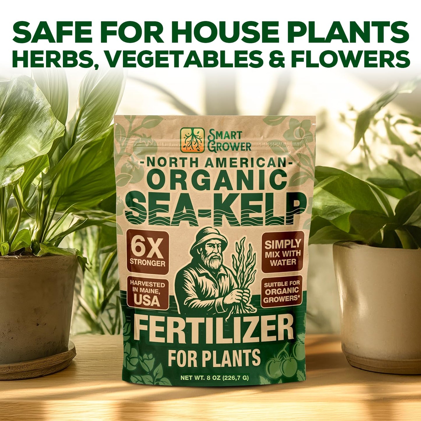 Organic Sea Kelp Fertilizer for Plants – Water-Soluble – Makes 200 Gallons – Kelp Meal Concentrate Plant Food – for Indoor Gardens, Hydroponics, Vegetables, Houseplants - Smart Grower - 8oz Bag