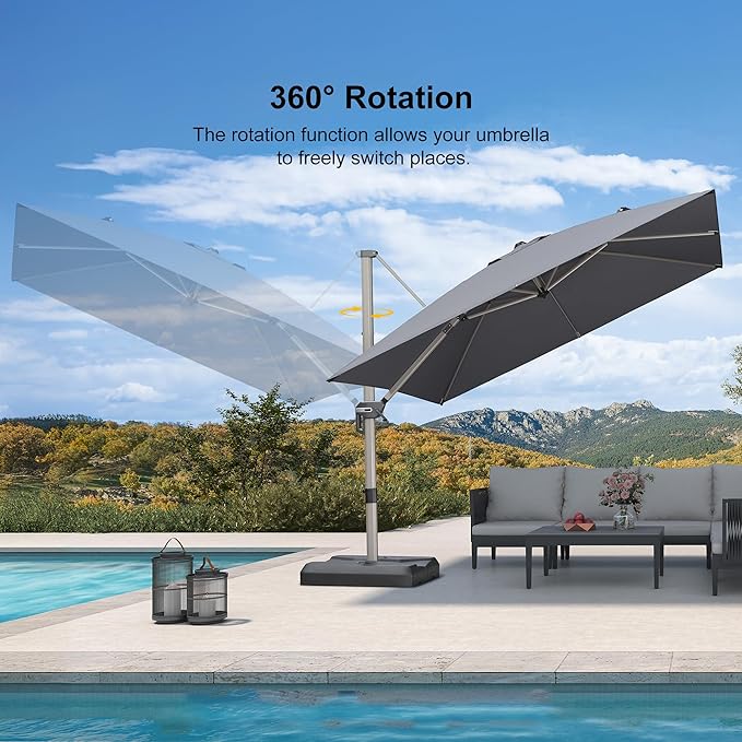 PURPLE LEAF 10FT Patio Umbrella with Base Cantilever Umbrella Square Outdoor Offset Umbrella with Champagne Frame and 360° Rotation for Garden Deck Pool, Light Grey