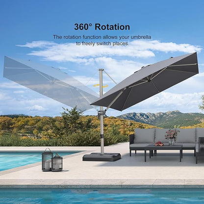 PURPLE LEAF 10FT Patio Umbrella with Base Cantilever Umbrella Square Outdoor Offset Umbrella with Champagne Frame and 360° Rotation for Garden Deck Pool, Light Grey