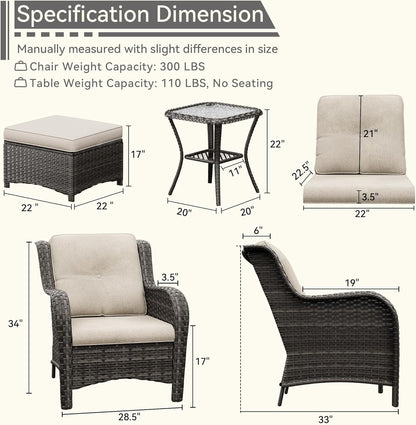 5 Pieces Patio Conversation Set, Wicker Chairs Set of 2 and Two Ottomans with 3.5-inch Seat Cushions, 1 Side Table High Back and Curved Armrest for Backyard, Balcony and Deck, Beige