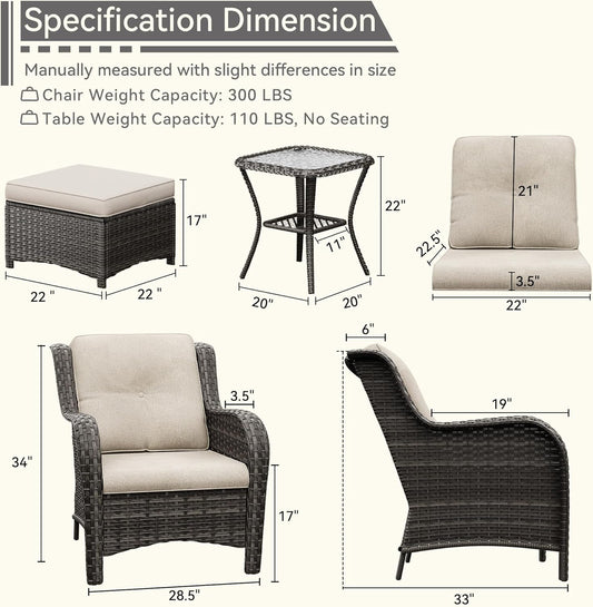 5 Pieces Patio Conversation Set, Wicker Chairs Set of 2 and Two Ottomans with 3.5-inch Seat Cushions, 1 Side Table High Back and Curved Armrest for Backyard, Balcony and Deck, Beige