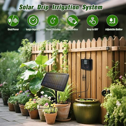 Solar Drip Irrigation System for Garden, Automatic Drip Irrigation Kits,Plants Self Watering Devices for Vacation,Solar/Battery Powered Water Pump for Potted Plants,Raised Beds,Greenhouse (15 Pots)