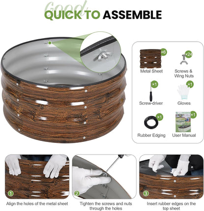 G GOOD GAIN Round Raised Garden Bed - 2Pcs 2x2x1ft Galvanized Steel Planter Boxes Outdoor with Rubber Edge Trim | Metal Raised Beds for Gardening Vegetables Flowers Fruits Herbs (Wood Grain)