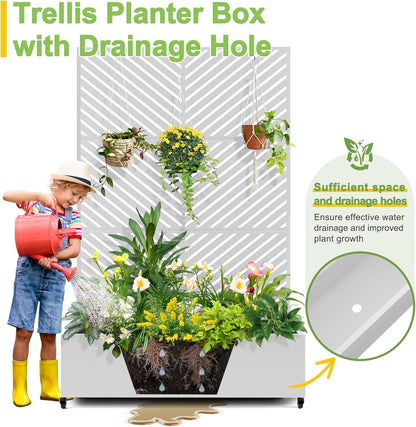 FENCY Metal Raised Garden Bed with Wheels and Trellis,73"x47"x16" Planter Box for Climbing Plants, Vegetables & Vines, Features Privacy Screen and Drainage Holes (White-Arrow)