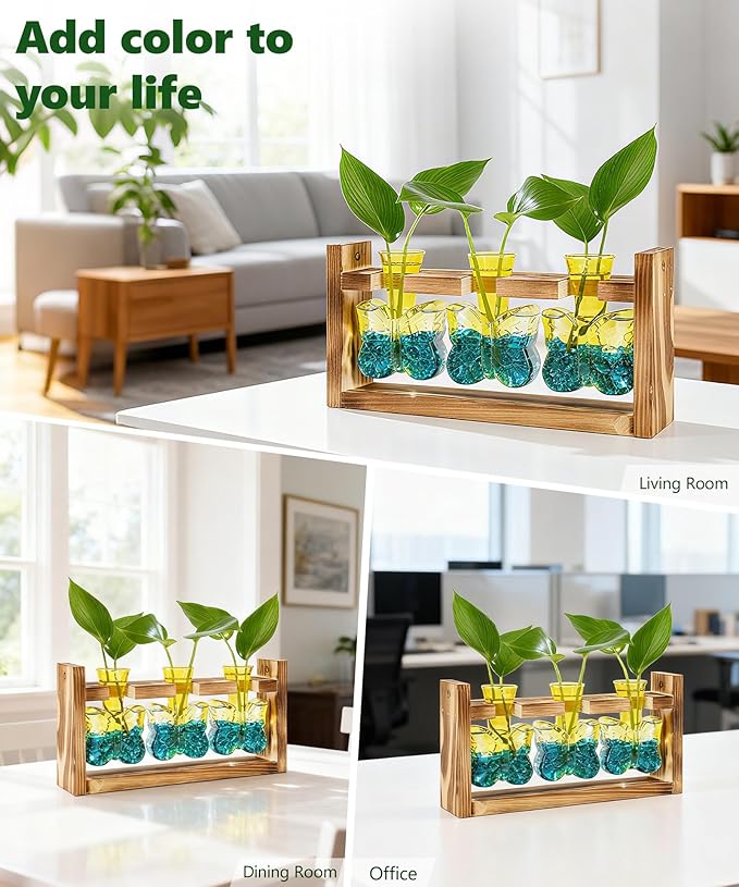 Nacome Butterfly Vase Propagation Stations: Glass Plant Terrarium with Wooden Stand for Home Office Desk Decor, Unique Gifts for Plant Lovers Women Mom (Yellow)