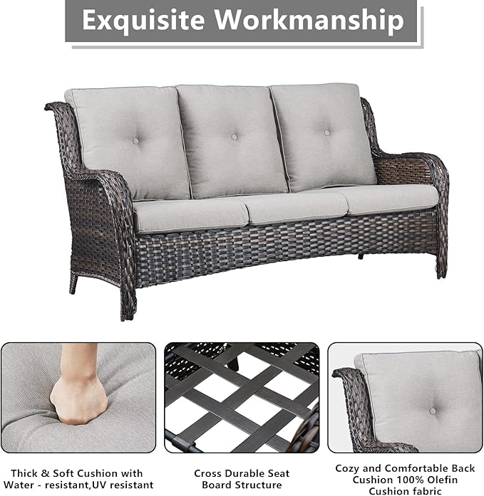 Outdoor Patio Furniture Sofa Set - 7 Piece Rattan Wicker Patio Sectional Conversation Sets with 1 Sofa,1 Loveseat,1 Coffee Table,2 Armrest Chairs and 2 Ottomans for Porch Deck Garden(Brown/Beige)