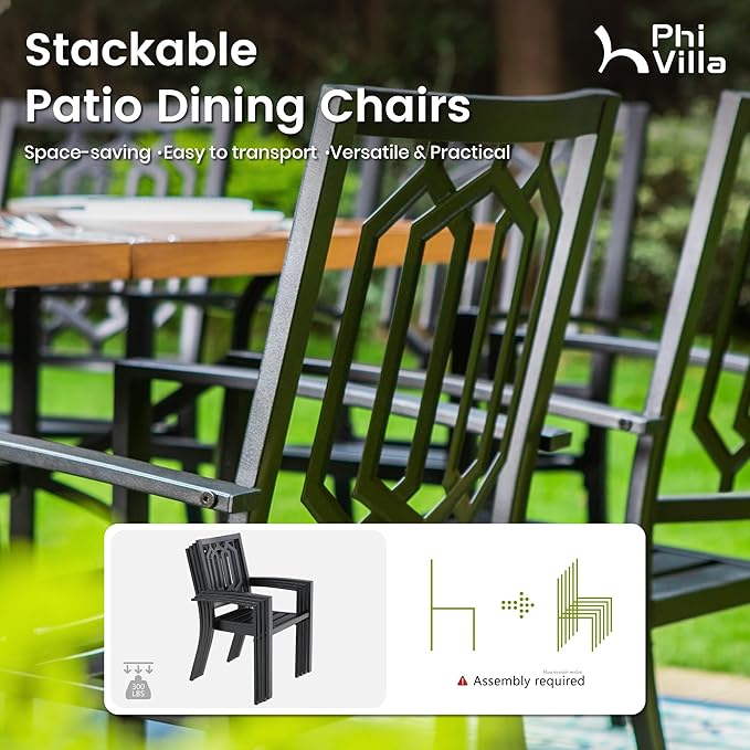 PHI VILLA 3 Piece Outdoor Bistro Set for 2, 22" Wrought Iron Square Table with Umbrella Hole & Stacking Metal Chairs, Small Furniture Conversation Set for Porch, Deck, Balcony, Patio, Yard - Black