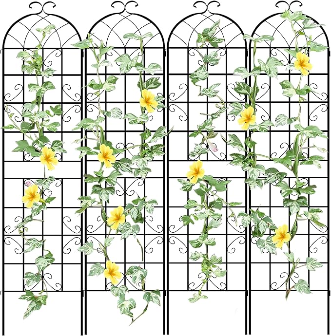 LZRS 4 Pack 87x20in Rustic Iron Arch Decoration Garden Trellis with Black Metal Coating – Perfect for Supporting Climbing Plants Outdoor, Roses, Vines, Flowers, and Vegetables.