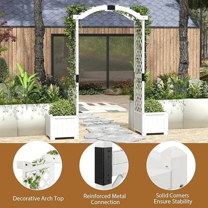 Giantex Garden Arbor with Planter Boxes, Wooden Arch with Trellis and Raised Garden Bed for Climbing Vine Plants Vegetables Herbs, Decorative Arbor Archway for Wedding, Ceremony, Party (White)