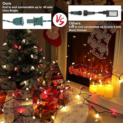 Brizled Red & Warm White Christmas Lights, 33ft 100 LED Faceted C5 Christmas String Lights, 120V UL Certified Xmas Tree Light Connectable White Xmas Light Indoor Outdoor for Home Tree Holiday Patio