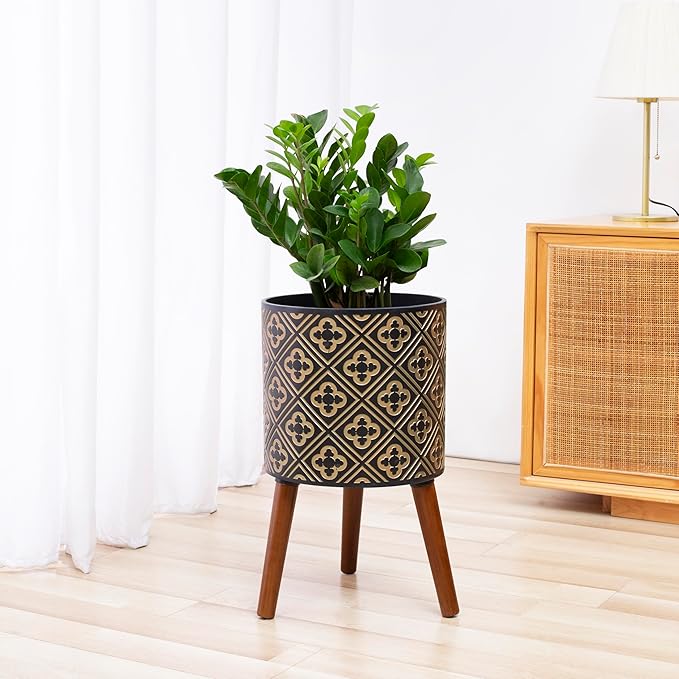nacltlo12 Inch Planter for Indoor Plants,Plant Pot with Stand,Large Modern Mid-Century Plant Pots Indoor Outdoor with Drainage for Home Garden Patio,Black and Gold