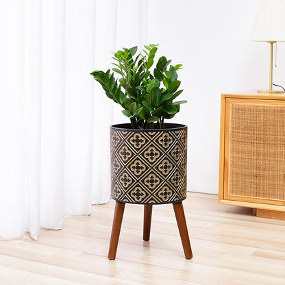 nacltlo12 Inch Planter for Indoor Plants,Plant Pot with Stand,Large Modern Mid-Century Plant Pots Indoor Outdoor with Drainage for Home Garden Patio,Black and Gold