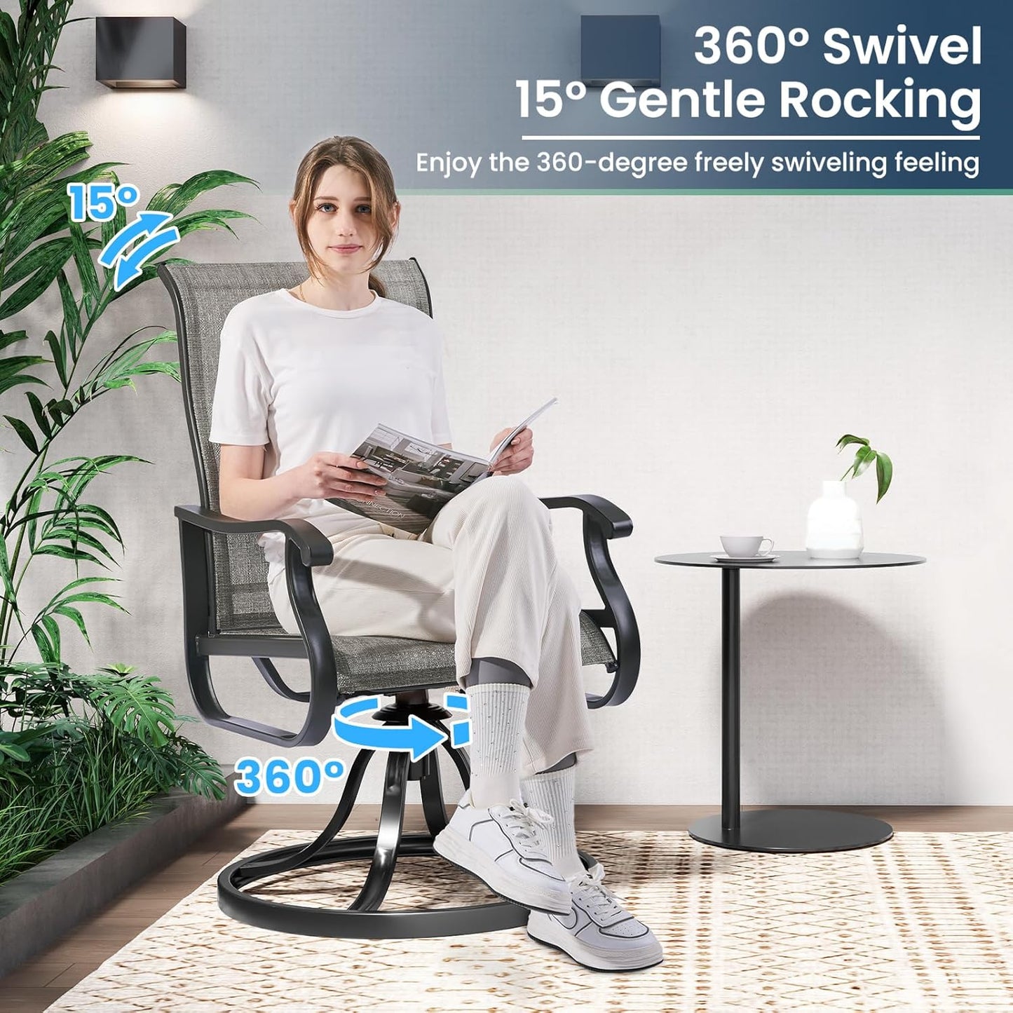 Amopatio Patio Swivel Chairs Set of 8, Outdoor Swivel Rocker Dining Chairs with All Weather Textilene High Back & Metal Frame, for Backyard Deck Lawn, Light Gray