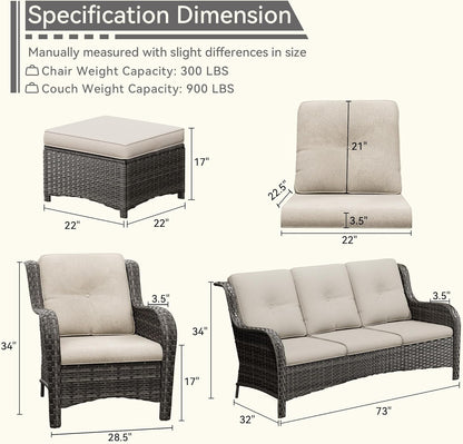 7 Pieces Outdoor Patio Conversation Set, Wicker Furniture Set Includes 3-Seat Sofa, Patio Rattan Dining Chair Set of 4, 2 Ottomans, for Porch, Yard, Mixed Brown Rattan, Beige