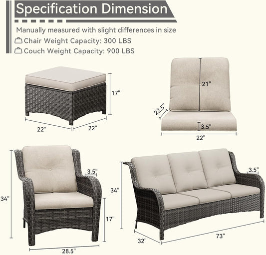 7 Pieces Outdoor Patio Conversation Set, Wicker Furniture Set Includes 3-Seat Sofa, Patio Rattan Dining Chair Set of 4, 2 Ottomans, for Porch, Yard, Mixed Brown Rattan, Beige