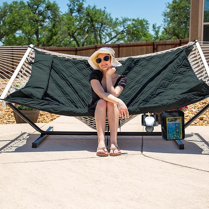 SUNCREAT Patio Portable Hammock with Stand, Outdoor Double Hammock with Stand Included, Gray Green Drops