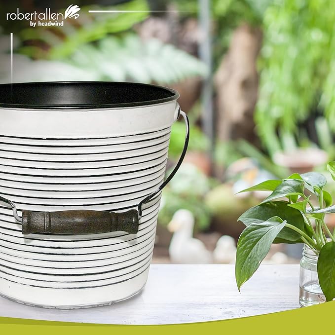 Headwind Vintage Collection Rustic White Ribbed Planters –Charcoal Flower Pots 10 Inch Indoor Plant Pots Bucket for Peace Lily, Pothos, & Lavender, Petunias, Basil Plant for Outdoor by Robert Allen