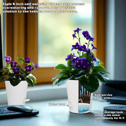 12 Pack 4 Inch Self Watering Plant Pots with Drainage and Saucers，Plastic Flower Pots for Indoor and Outdoor Plants, Nursery Planters for Houseplants and Herbs White, 4 inch 12pcs