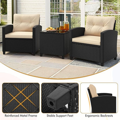 RELAX4LIFE 3-Piece Patio Furniture - Wicker Rattan Bistro Sofa Set w/Glass Top Coffee Table, Washable Cushions for Porch Balcony Backyard Poolside, Outdoor Conversation Set (Beige)