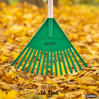 Superio Kids Rake with Hardwood Handle, Gardening and Lawn Care Tools for Kids, Sweep Leaves and Tidying Up The Garden, Plastic Tines and Heavy Duty Wooden Handle 34"