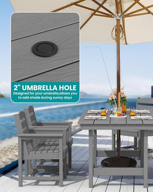 SERWALL Modern Patio Dining Set, 5-Piece Rectangular HDPE Dining Table with Umbrella Hole & 4 Chairs, Grey