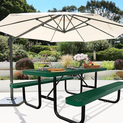 48'' Rectangular Steel Picnic Table for Outdoors,Commercial Metal Picnic Table Bench Set with Umbrella Hole,School Canteen Table W/Seats - Heavy Duty Sturdy Picnic Tables Furniture for Patio Garden