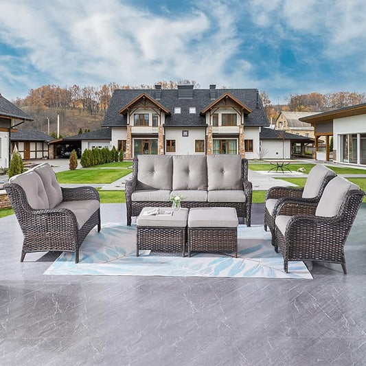 Rilyson Wicker Patio Furniture Set - 6 Piece Rattan Outdoor Sectional Conversation Sets with 1 Sofa,1 Loveseat,2 Armrest Chairs and 2 Ottomans for Porch Deck Garden(Brown/Grey)