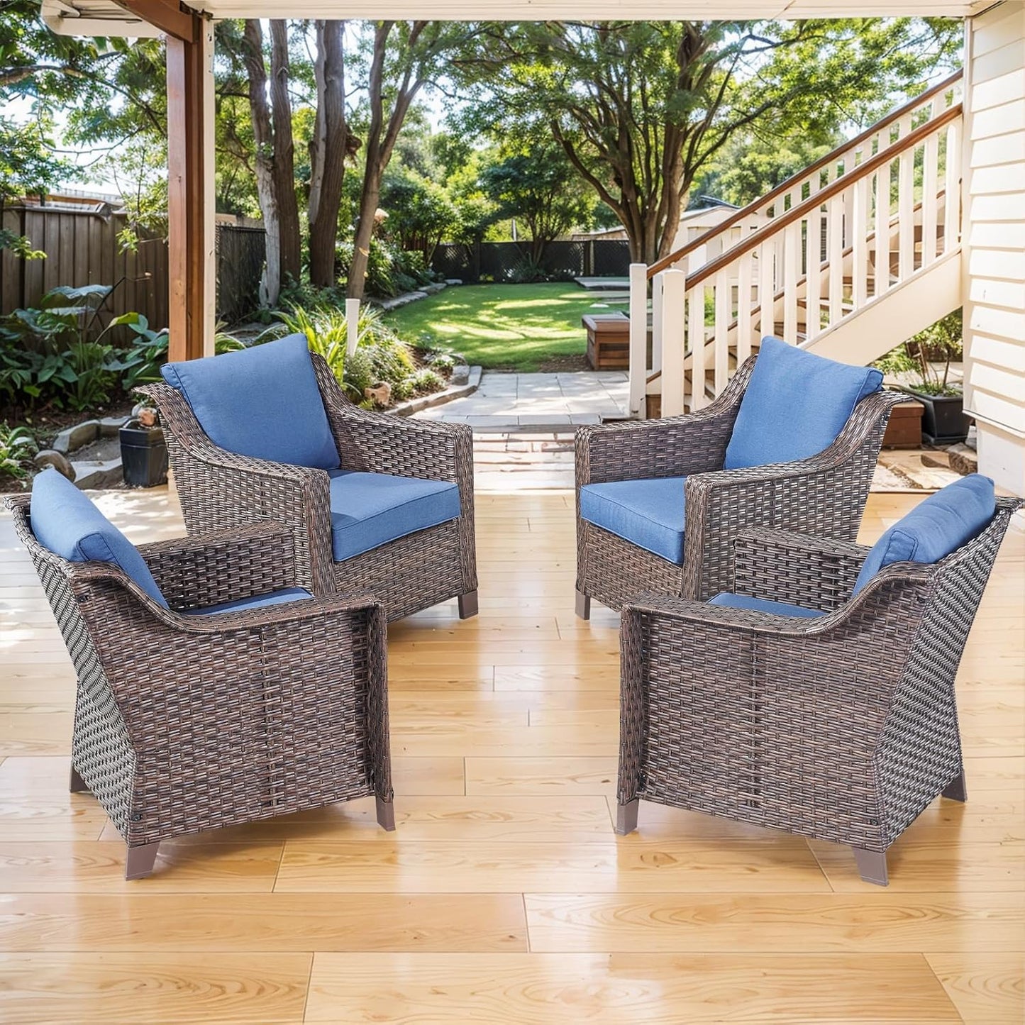 Outdoor Wicker Patio Chairs Set of 4 - Heavy Duty Outside Rattan Lawn Chair for Front Porch Balcony Backyard Yard Deck Poolside Apartment – Brown/Blue